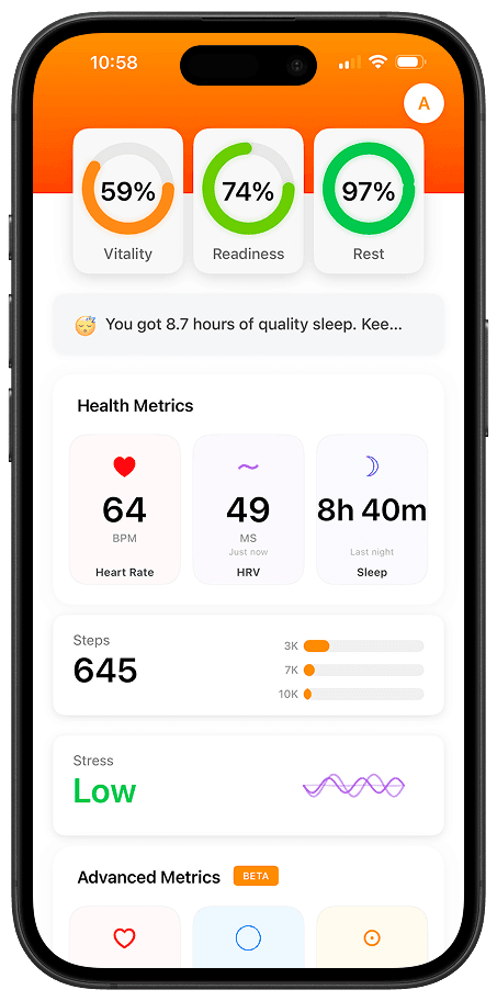YOLO App Dashboard showing health metrics